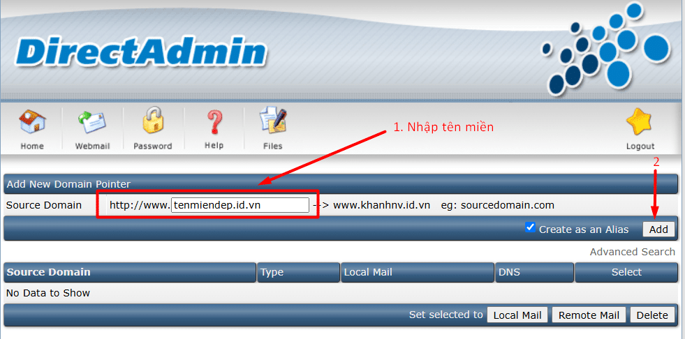 Nhập tên miền và chọn Add