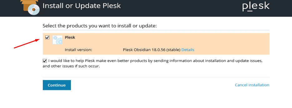 Tích chọn Plesk và chọn Continue