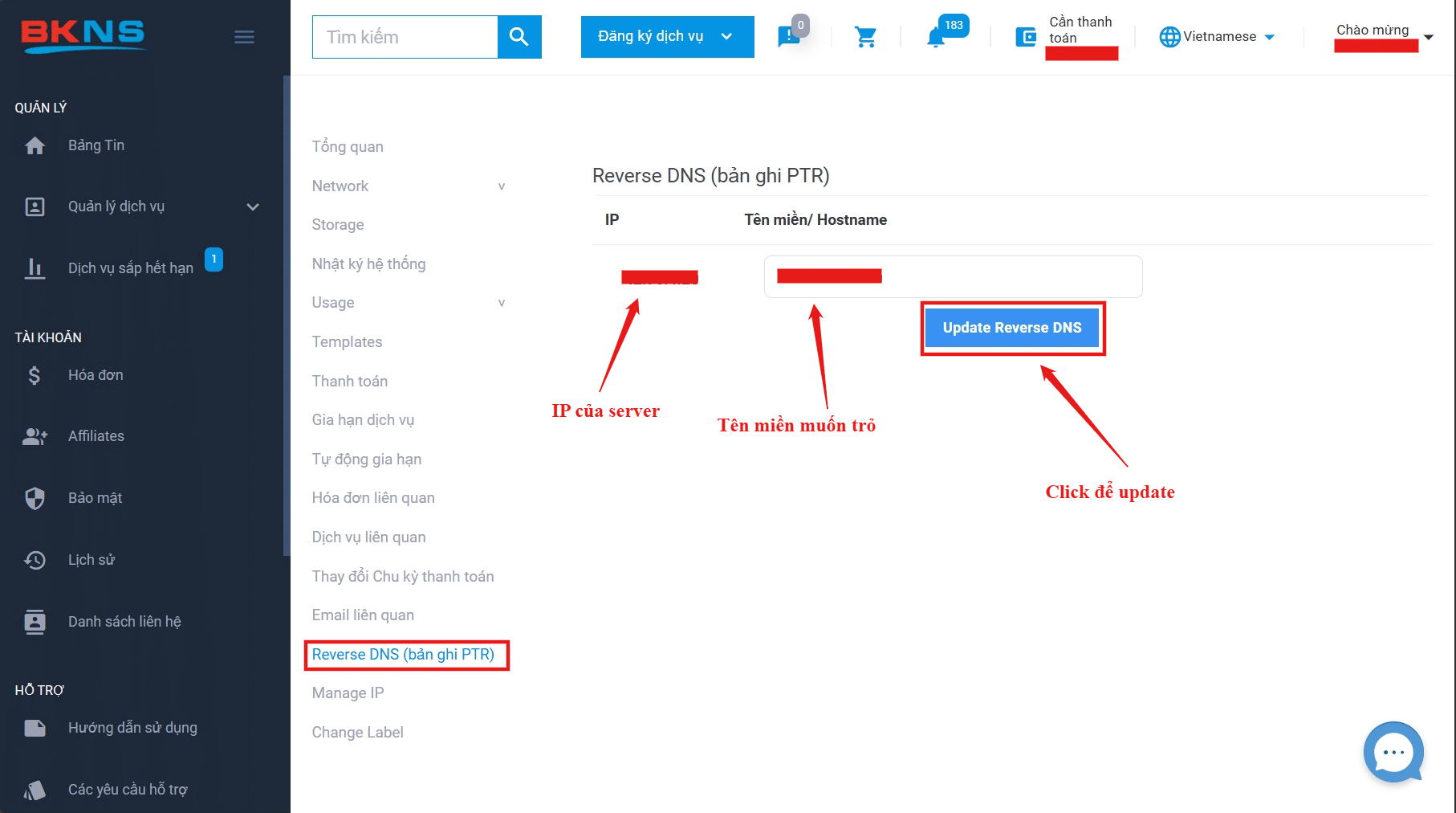 Truy cập vào phần Reverse DNS như trong hình và điền thông tin