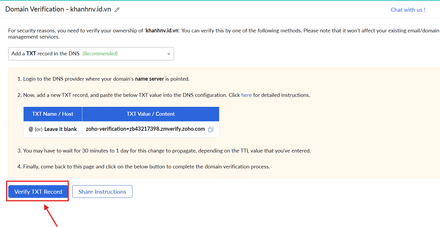 Nhấp vào nút Verify TXT Record để hoàn tất xác minh