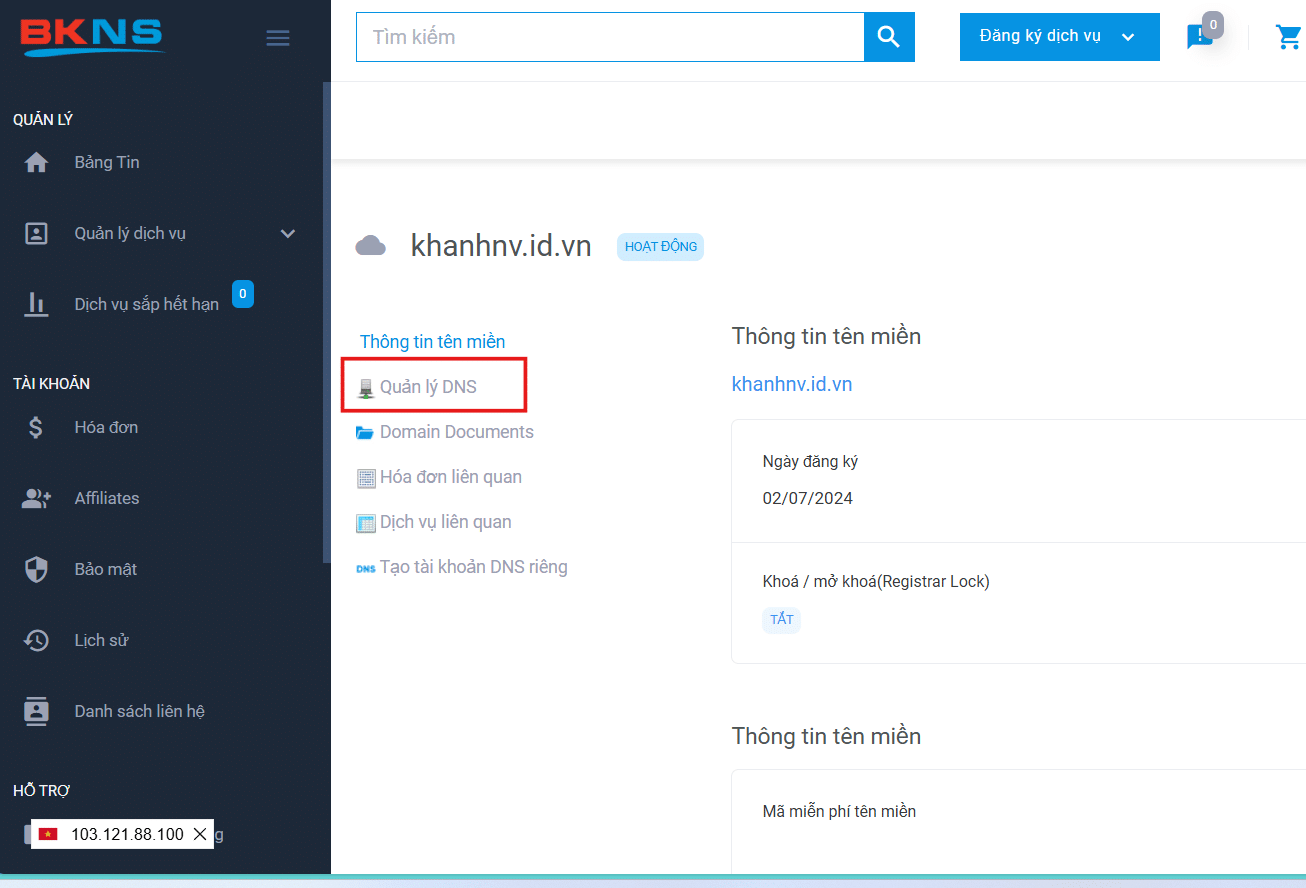 Tìm tới phần quản lý bản ghi DNS