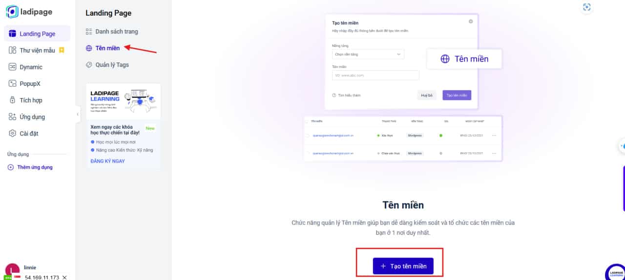 Truy cập vào Trang quản lý tên miền trên LadiPage