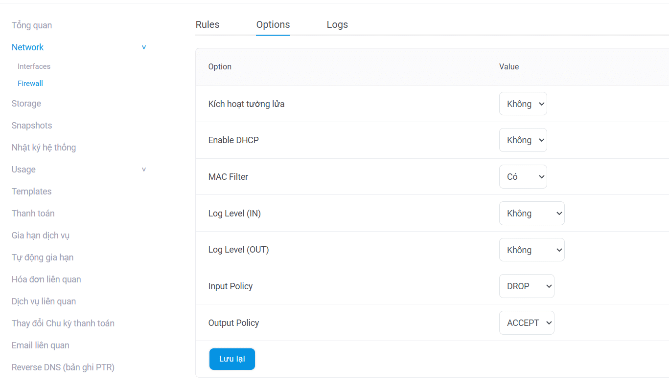 Bật tắt firewall, DHCP...