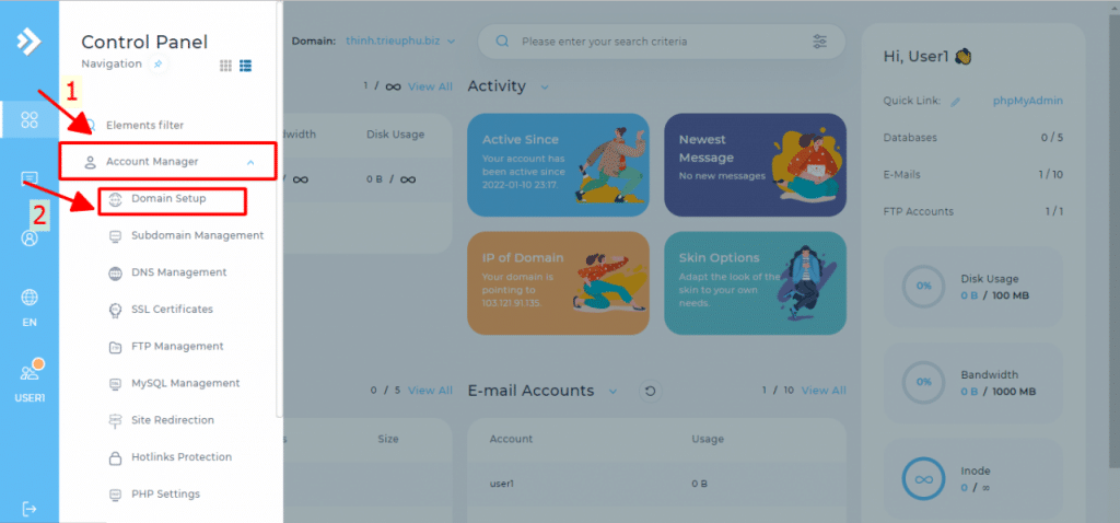 Từ thanh công cụ bên trái chọn Account Manager và Domain Setup