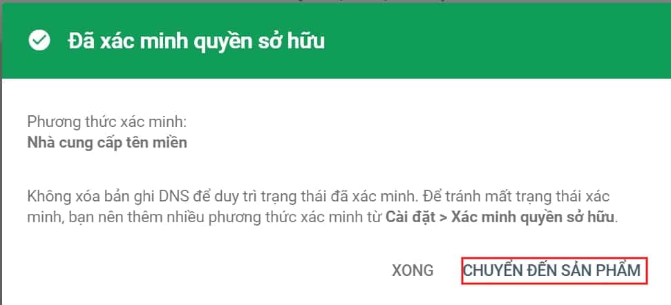 Xác minh quyền sở hữu thành công