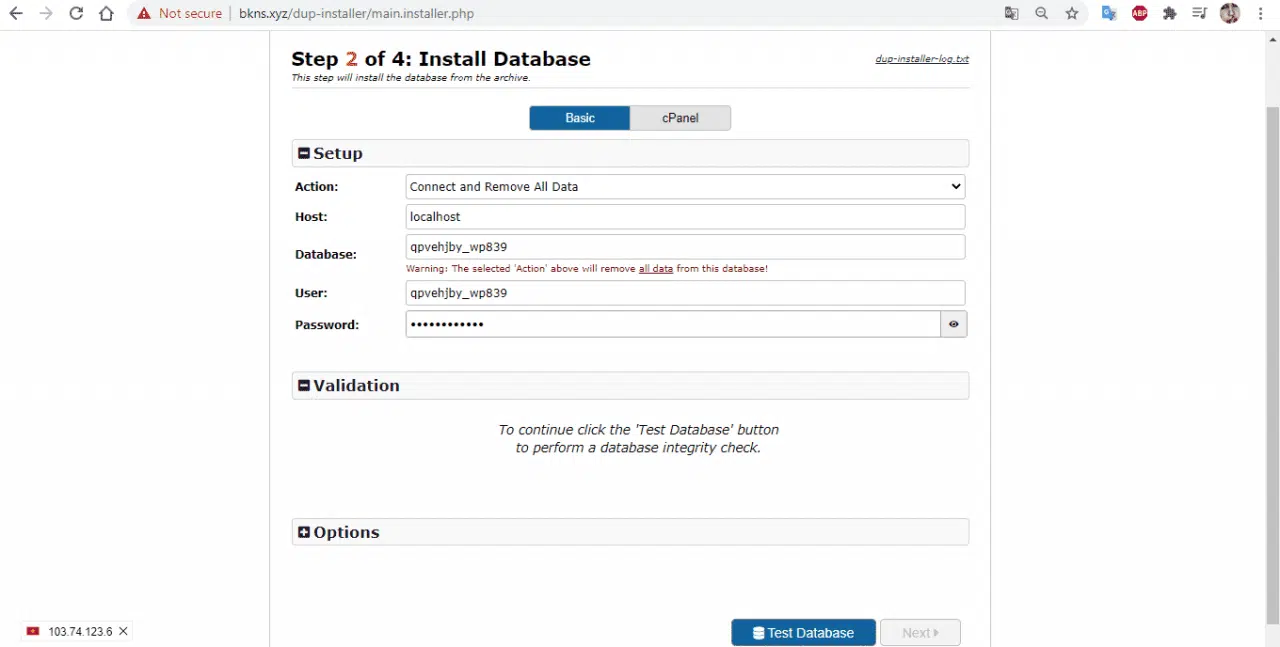 Chọn Test Database