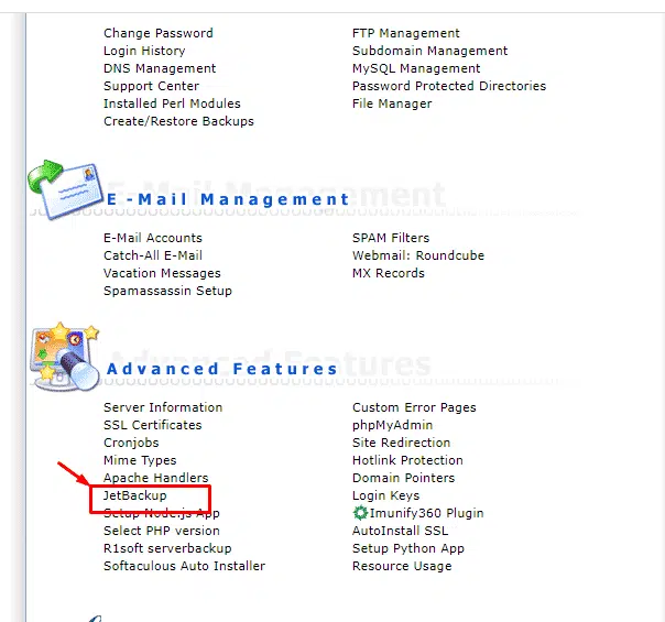 Truy cập JetBackup tại hosting DirectAdmin