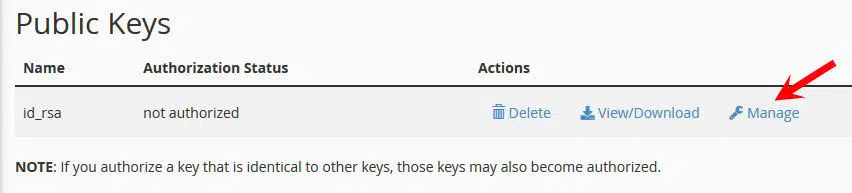 Click vào Manage trong phần Public Keys