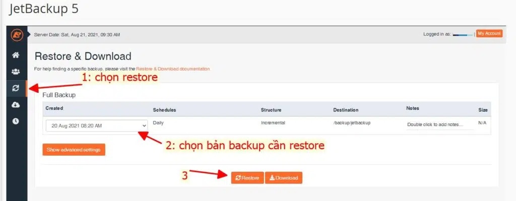 Chọn bản backup cần restore