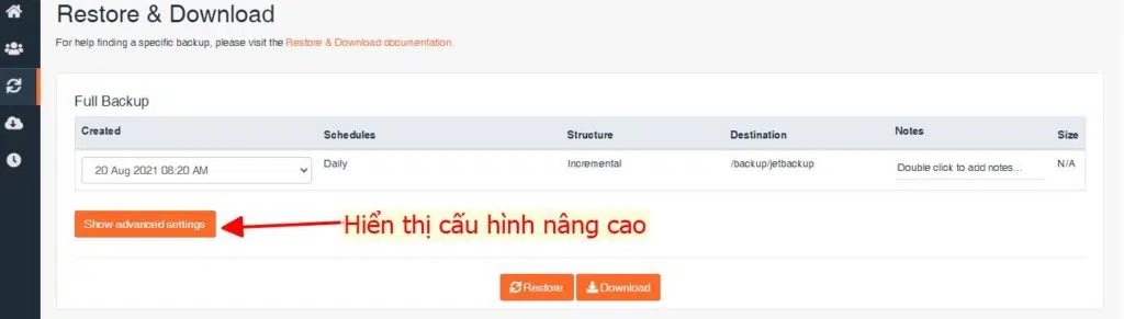 Show Advanced Settings để hiển thị cấu hình nâng cao