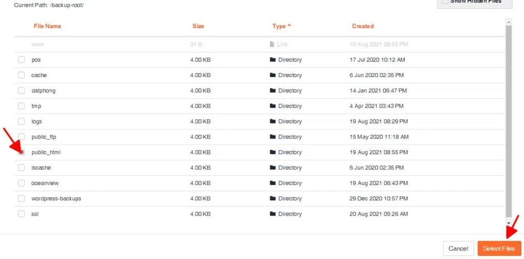 Chọn public_html > Select Files