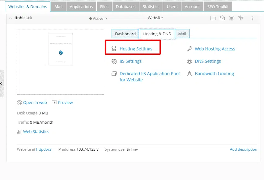 Vào tab Hosting & DNS Hosting Settings