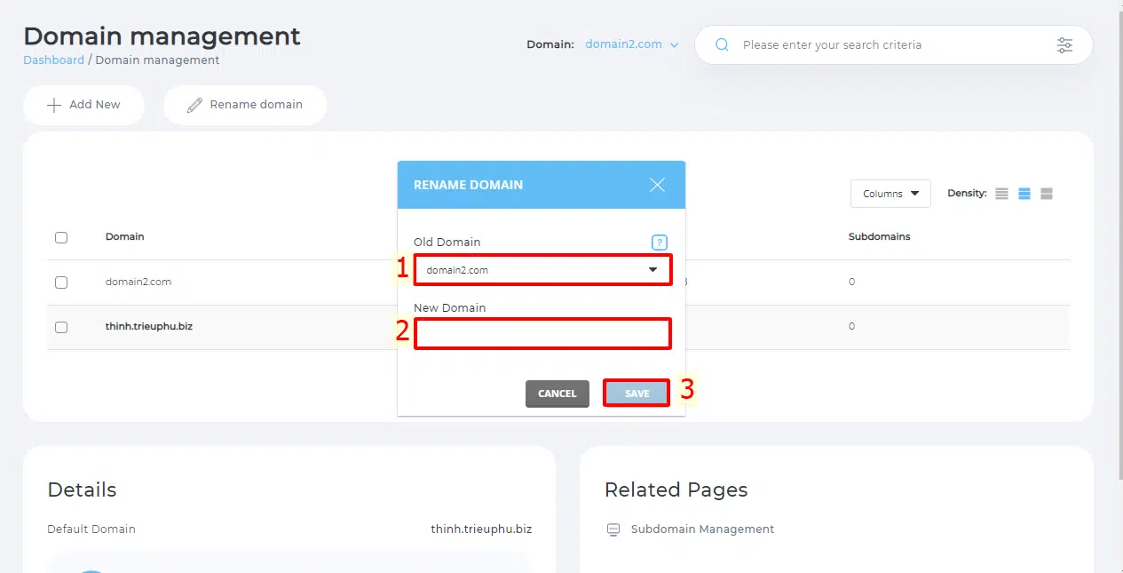 Nhập tên domain mới sau đó nhấn Save