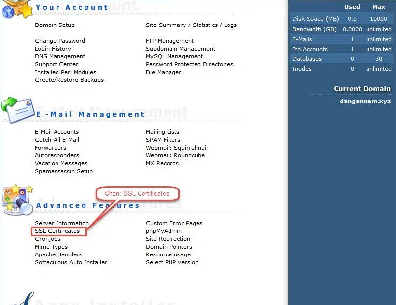 Đăng nhập vào hosting, chọn mục SSL Certificates
