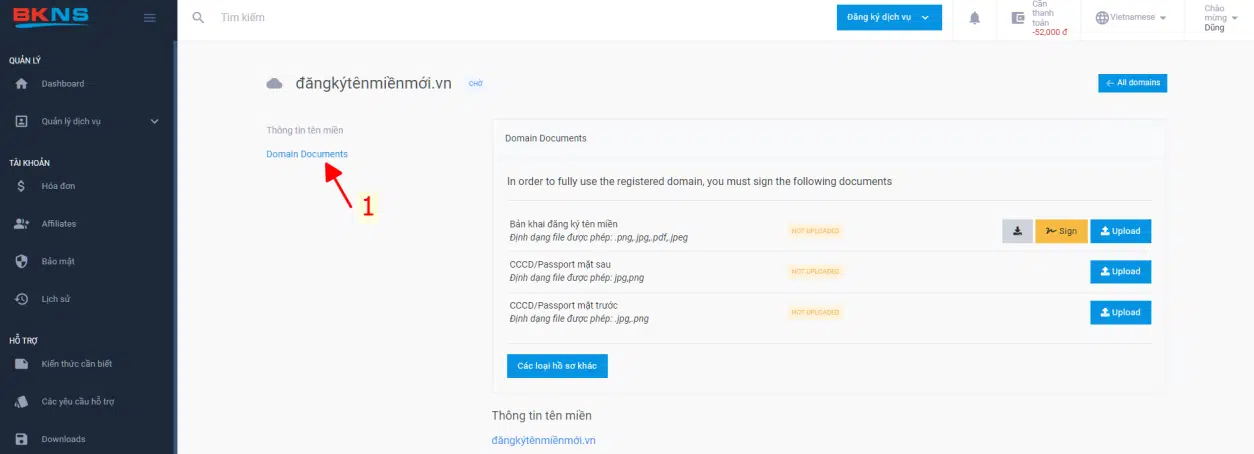 Chọn mục Domain Documents để upload hồ sơ tên miền