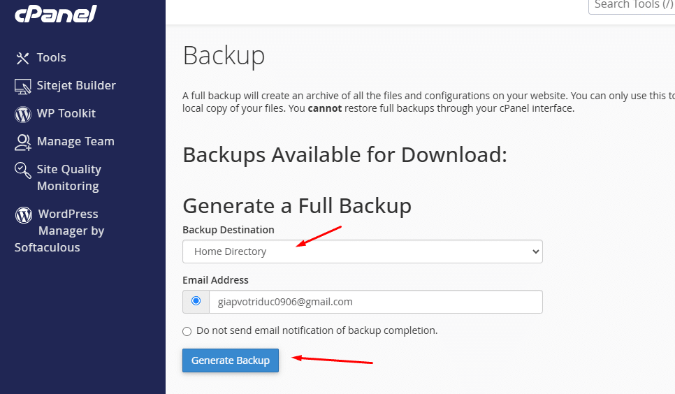 Chọn thư mục chứa backup