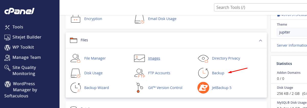 Đăng nhập Hosting cPanel tìm đến mục backup hoặc sao lưu