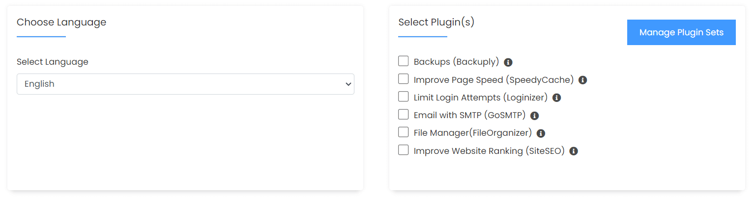 Mục Choose Language và Select Plugin