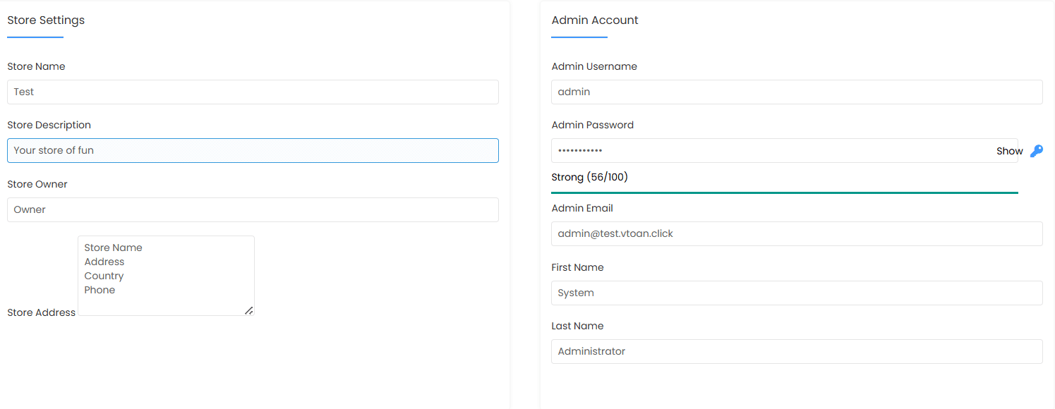 Phần Store Settings và Admin Account