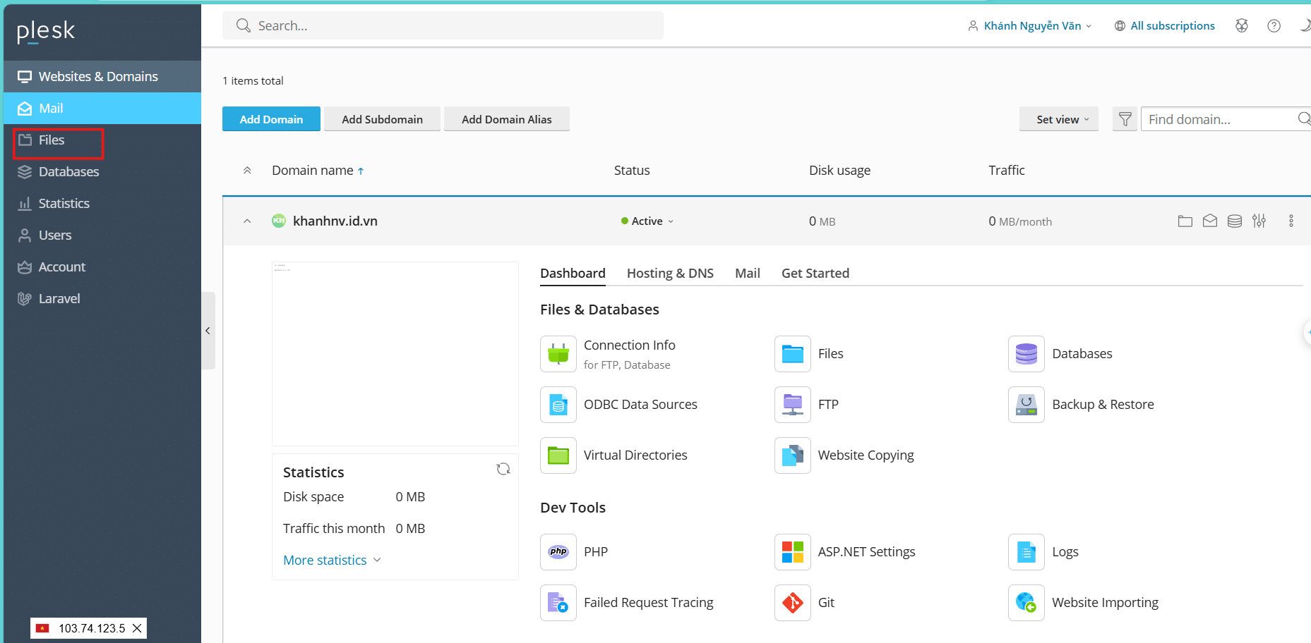 Tại giao diện Plesk chọn Files