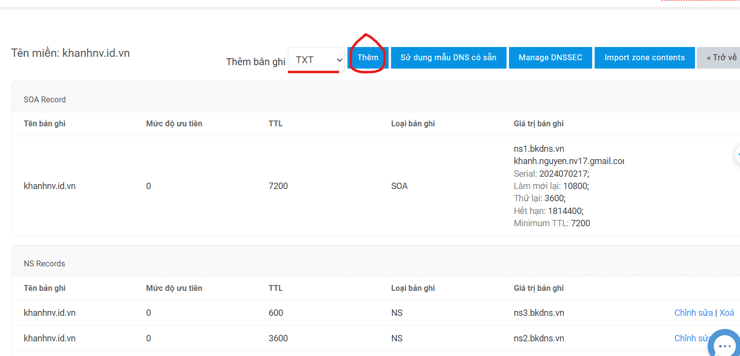 Chọn thêm bản ghi TXT và nhấn Thêm