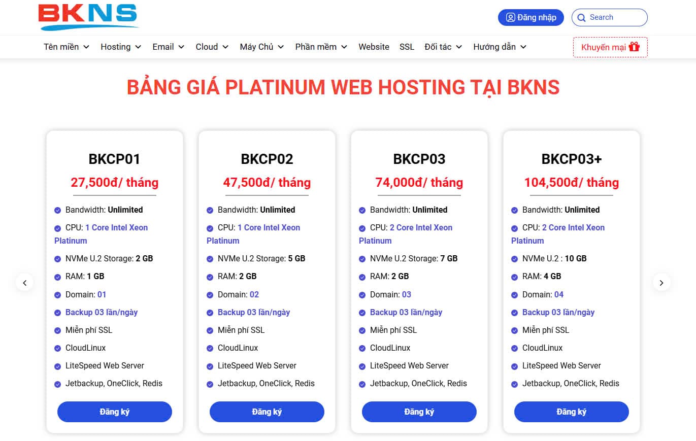 Bảng giá Platinum Web Hosting tại BKNS