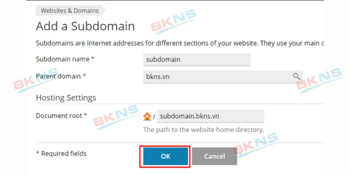 Bạn nhập tên subdomain và chọn OK