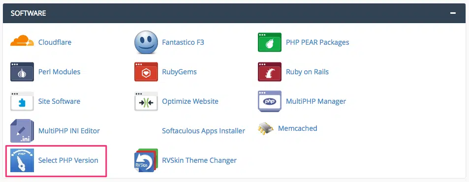 Trong cPanel, bạn hãy chọn Select PHP Version.