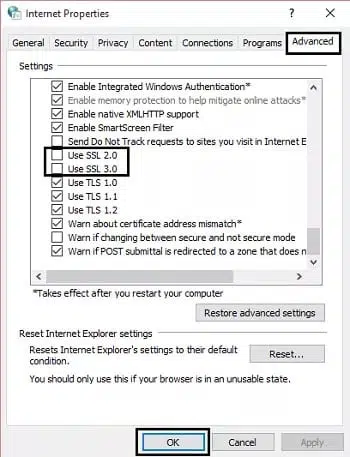Tích vào tùy chọn Use SSL 2.0 và Use SSL 3.0 và để trống các tùy chọn khác 