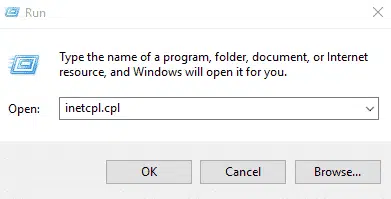 Vào Run rồi vào tiếp cmd nhập dòng chữ inetcpl.cpl