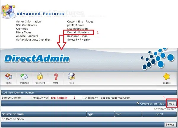 Cách Add domain, SubDomain và Domain Pointer