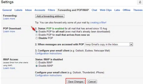 Chọn chức năng Enable POP for all mail