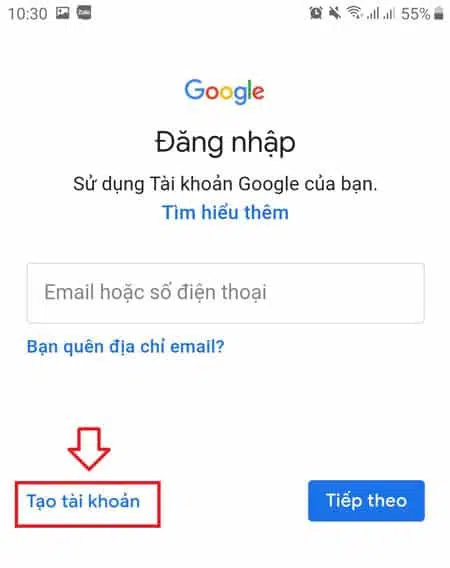 chọn mục "tạo tài khoản"