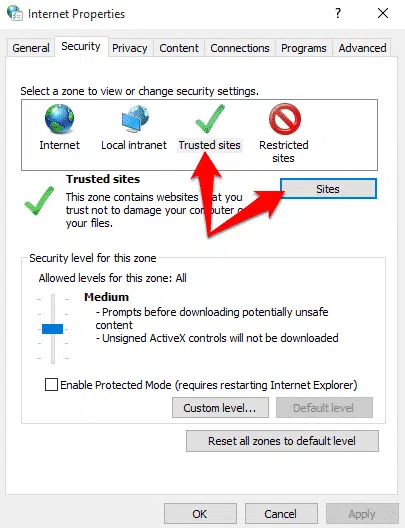 chọn tab Security và chọn Trusted sites và nhấn chọn Sites