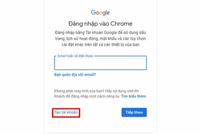 click vào tạo tài khoản