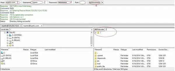 Đăng nhập Filezilla bằng tài khoản chính