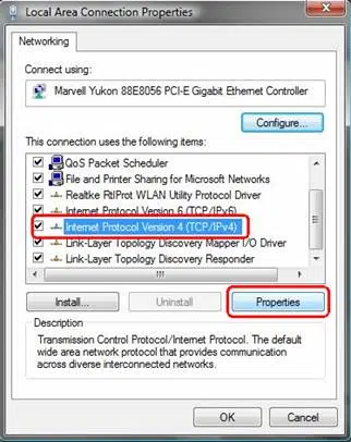 Để chỉnh sửa địa chỉ IP, chọn Internet Protocol Version 4 (TCP/IPv4) sau đó chọn Properties