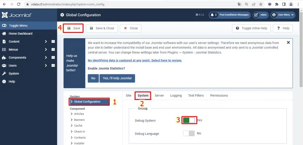 Hướng dẫn bật debug trên website Joomla 4