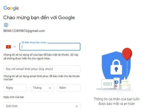 Điền đầy đủ thông tin để hoàn thành các bước tạo gmail