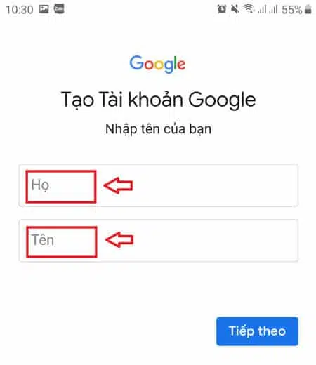 Điền đầy đủ thông tin gồm họ, tên, chọn địa chỉ email muốn tạo và chọn “Tiếp theo”