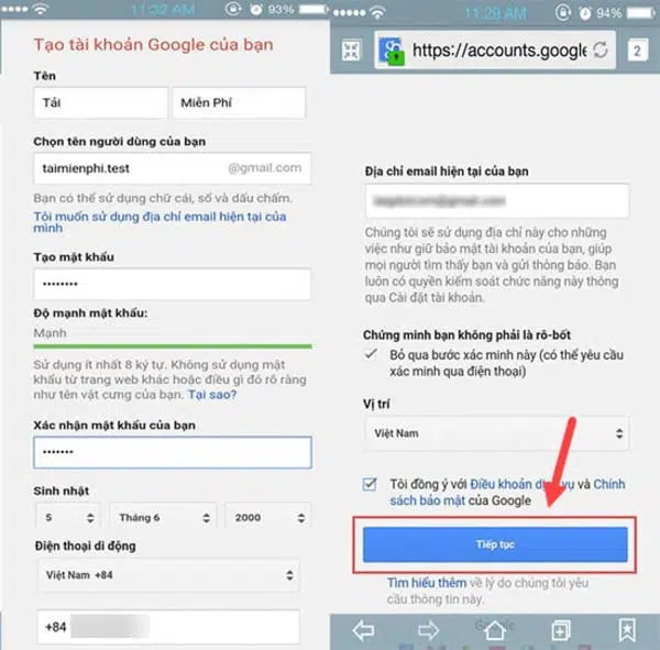 Điền đầy đủ thông tin để tạo tài khoản gmail trên điện thoại