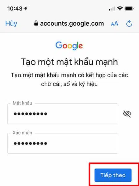 điền và xác nhận mật khẩu email