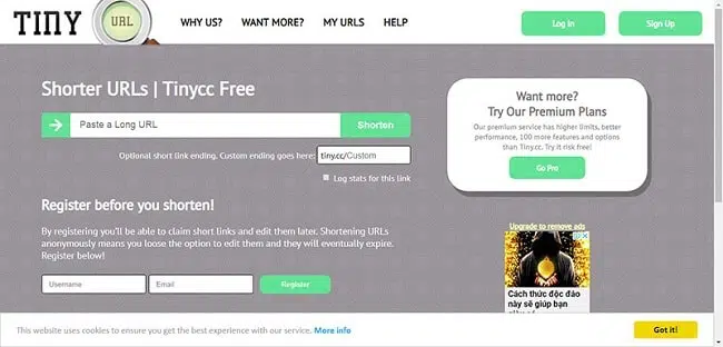 Giao diện của website rút gọn link tiny.cc