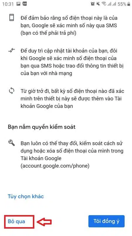 Hiển thị bảng, bấm “Bỏ qua” để không phải nhập số điện thoại