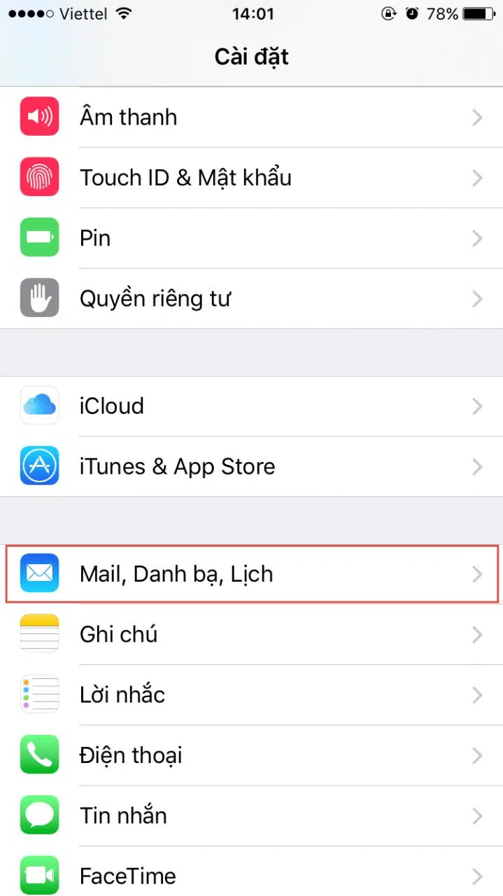 Truy cập vào mục Mail, Danh bạ, Lịch trong Settings