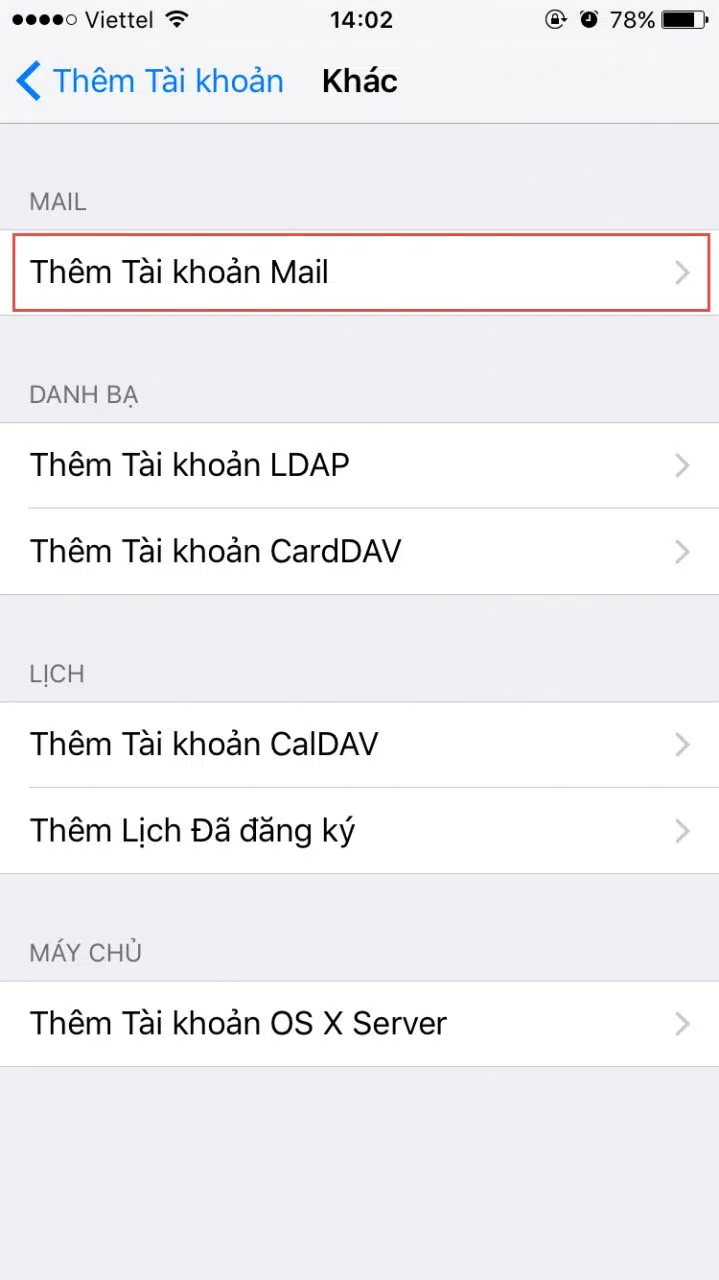 Bấm chọn Thêm Tài khoản Mail để bắt đầu khai báo thông tin thiết lập tài khoản mail.