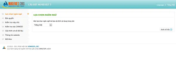 Lựa chọn ngôn ngữ và mình chọn là tiếng việt