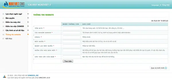 nhập thông tin website và thông tin quản trị của website.