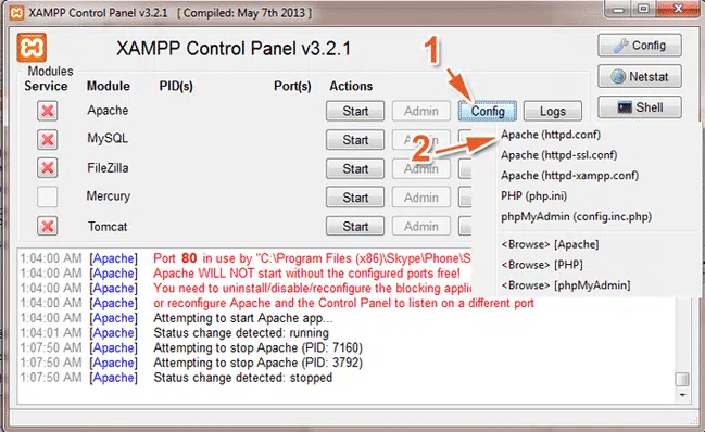 Mở bảng điều khiển XAMPP, chọn vào Config, chọn tiếp Apache(httpd.conf) 