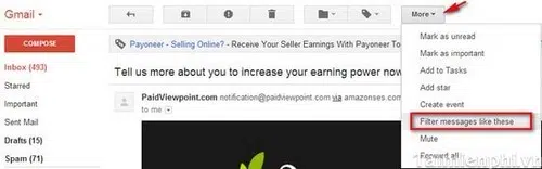 nhấn chuột vào More trên thanh menu ngang và sau đó chọn  Filter messages like this để lọc thư (chặn email rác)